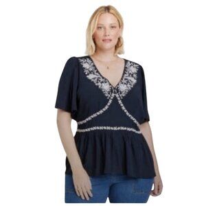 Knox Rose Womens 4X Navy Embroidered Peasant Top Short Flutter Sleeves Casual